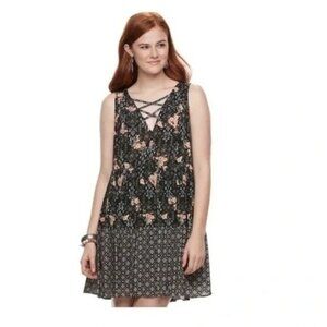 NWT $48 REWIND Black Floral Print Criss-Cross Front Tiered Swing Dress – Jr XS